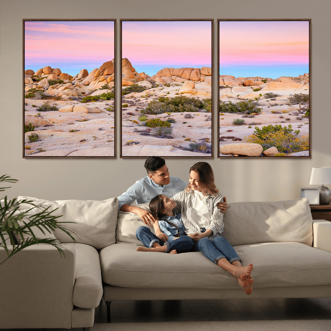 96167137-MGV-FC-60X30-3P_Walnut-Vibrant Sunset Sky Wall Art Canvas Print, Framed Joshua Tree Art Picture Print, Rugged Terrain Perfect Southwestern Boho Decor