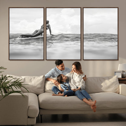 69798068-MGV-FC-60X30-3P_Walnut-Black White Surfing Wall Art Canvas Print, Framed Ocean Horizon Art Picture Print, Surfer Girl Perfect Coastal Adventure Decor