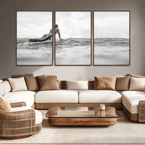 69798068-MGV-CV-36X24-Black White Surfing Wall Art Canvas Print, Framed Ocean Horizon Art Picture Print, Surfer Girl Perfect Coastal Adventure Decor