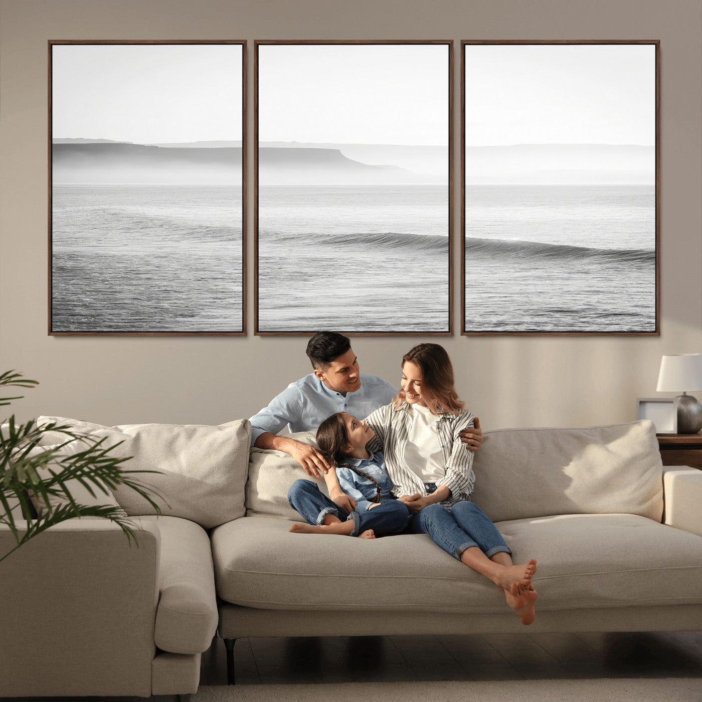 60635783-MGV-FC-60X30-3P_Walnut-Black White Seascape Wall Art Canvas Print, Framed Ocean Waves Art Picture Print, Misty Coastal Perfect Minimalist Coastal Decor