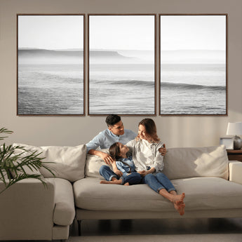 60635783-MGV-FC-60X30-3P_Walnut-Black White Seascape Wall Art Canvas Print, Framed Ocean Waves Art Picture Print, Misty Coastal Perfect Minimalist Coastal Decor