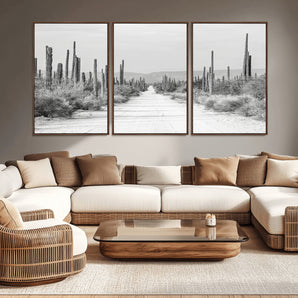 35537313-MGV-CV-36X24-Monochrome Desert Wall Art Canvas Print, Framed Cactus Path Art Picture Print, Southwestern Landscape Perfect Southwestern