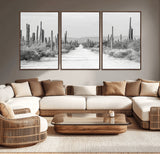 35537313-MGV-CV-36X24-Monochrome Desert Wall Art Canvas Print, Framed Cactus Path Art Picture Print, Southwestern Landscape Perfect Southwestern