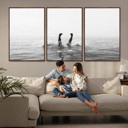 26667396-MGV-FC-60X30-3P_Walnut-Black White Ocean Wall Art Canvas Print, Framed Monochrome Water Art Picture Print, Diving into Water Perfect Minimalist Aquatic