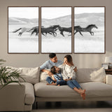 69934913-MGV-FC-60X30-3P_Walnut-Wild Horses Running Wall Art Canvas Print, Framed Black White Mustangs Art Picture Print, Rustic Western Perfect Rustic Western