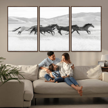 69934913-MGV-FC-60X30-3P_Walnut-Wild Horses Running Wall Art Canvas Print, Framed Black White Mustangs Art Picture Print, Rustic Western Perfect Rustic Western