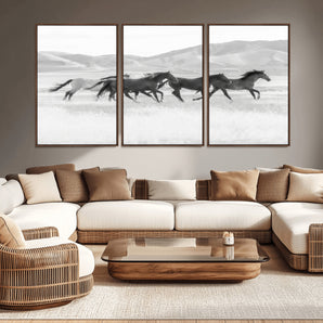 69934913-MGV-CV-36X24-Wild Horses Running Wall Art Canvas Print, Framed Black White Mustangs Art Picture Print, Rustic Western Perfect Rustic Western