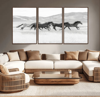 69934913-MGV-CV-36X24-Wild Horses Running Wall Art Canvas Print, Framed Black White Mustangs Art Picture Print, Rustic Western Perfect Rustic Western