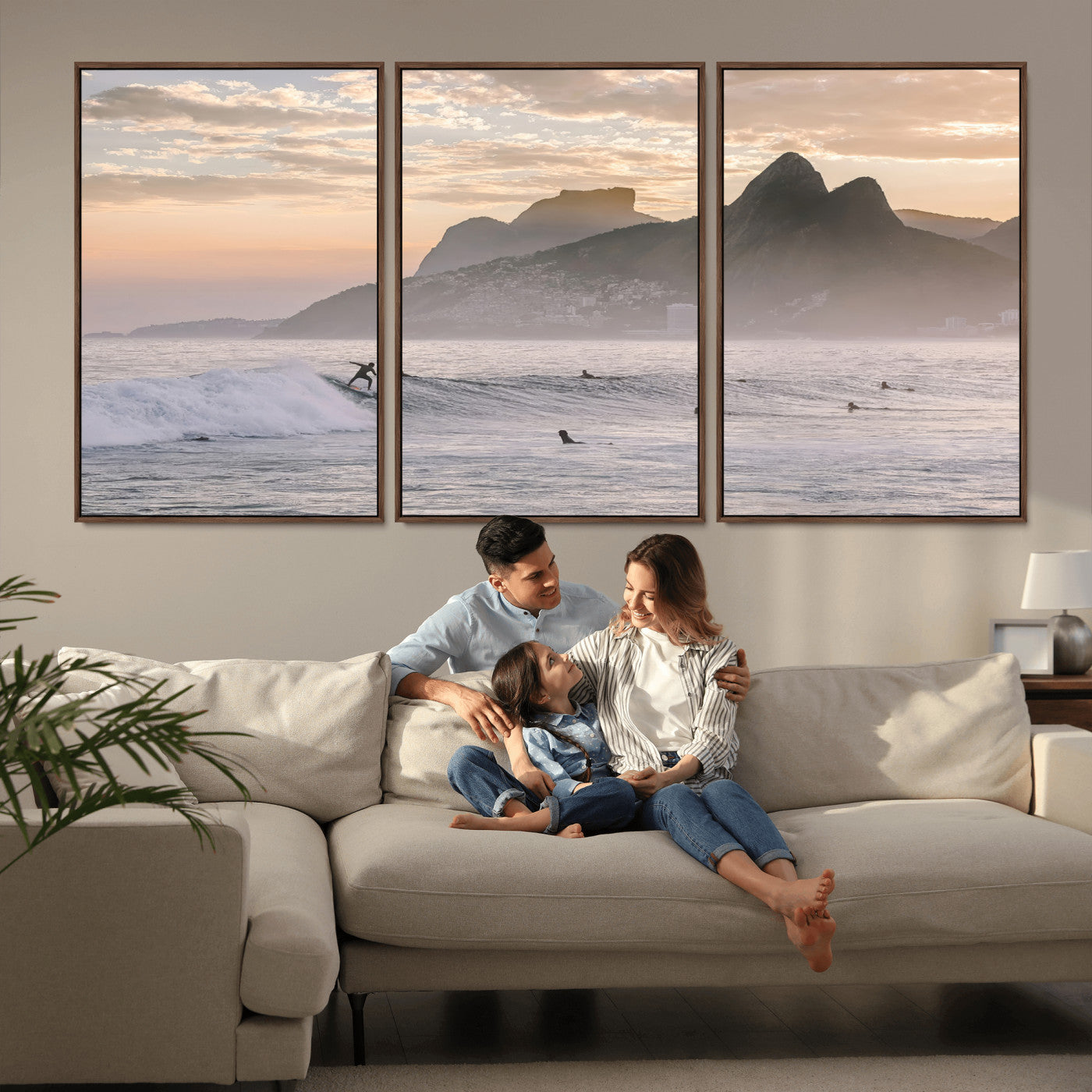 70644906-MGV-FC-60X30-3P_Walnut-Sunset Surfing Wall Art Canvas Print, Framed Misty Mountains Art Picture Print, Surfer Riding Wave Perfect Coastal Adventure Decor