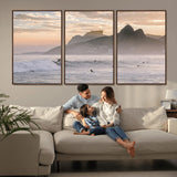 70644906-MGV-FC-60X30-3P_Walnut-Sunset Surfing Wall Art Canvas Print, Framed Misty Mountains Art Picture Print, Surfer Riding Wave Perfect Coastal Adventure Decor