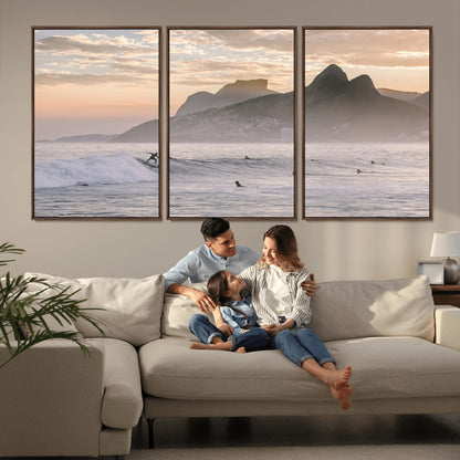 70644906-MGV-FC-60X30-3P_Walnut-Sunset Surfing Wall Art Canvas Print, Framed Misty Mountains Art Picture Print, Surfer Riding Wave Perfect Coastal Adventure Decor