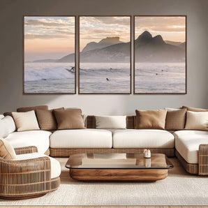 70644906-MGV-CV-36X24-Sunset Surfing Wall Art Canvas Print, Framed Misty Mountains Art Picture Print, Surfer Riding Wave Perfect Coastal Adventure Decor