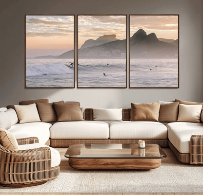 70644906-MGV-CV-36X24-Sunset Surfing Wall Art Canvas Print, Framed Misty Mountains Art Picture Print, Surfer Riding Wave Perfect Coastal Adventure Decor