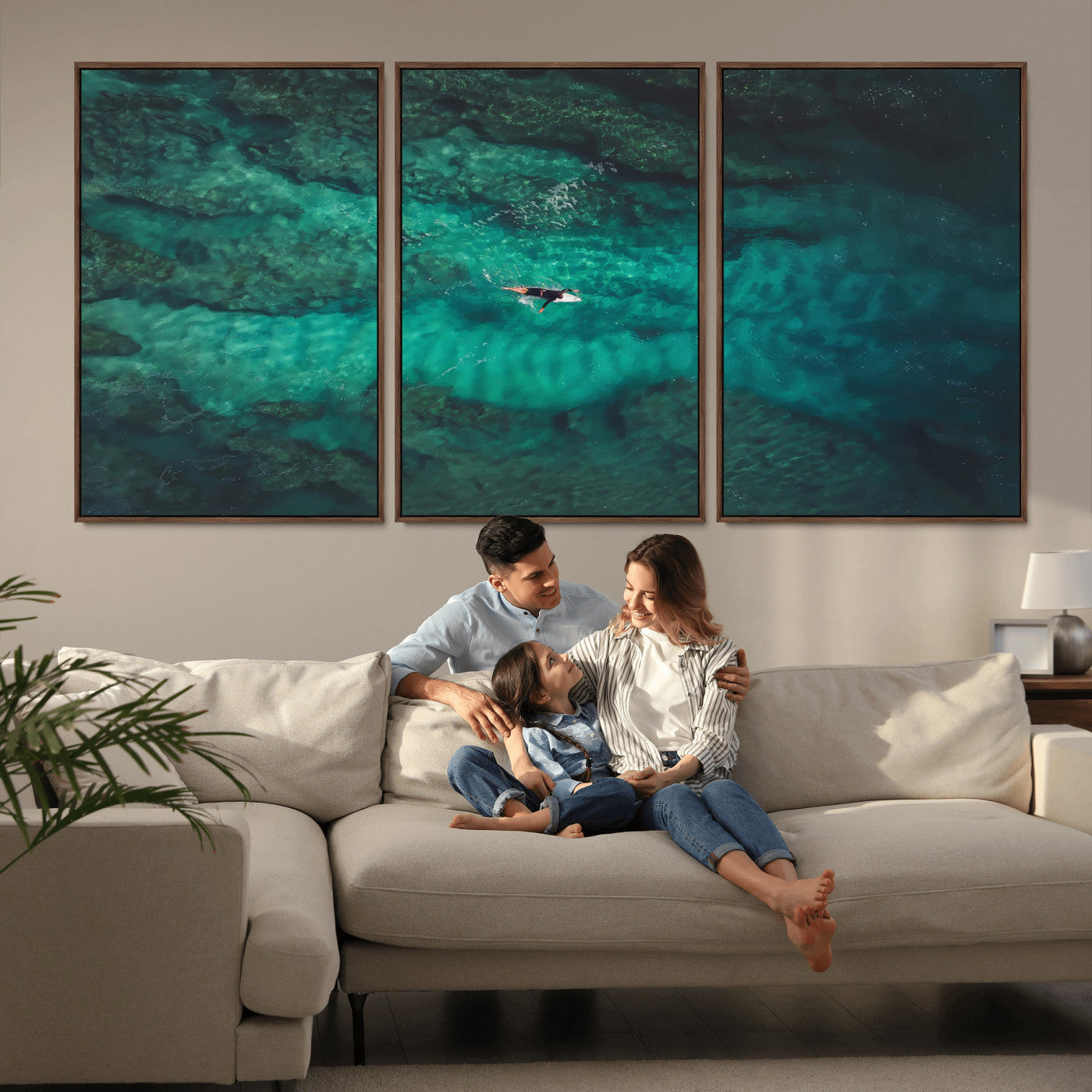 93287752-MGV-FC-60X30-3P_Walnut-Ocean Surf Wall Art Canvas Print, Framed Blue Waters Art Picture Print, Vibrant Seascape Perfect Coastal Adventure Decor Artwork