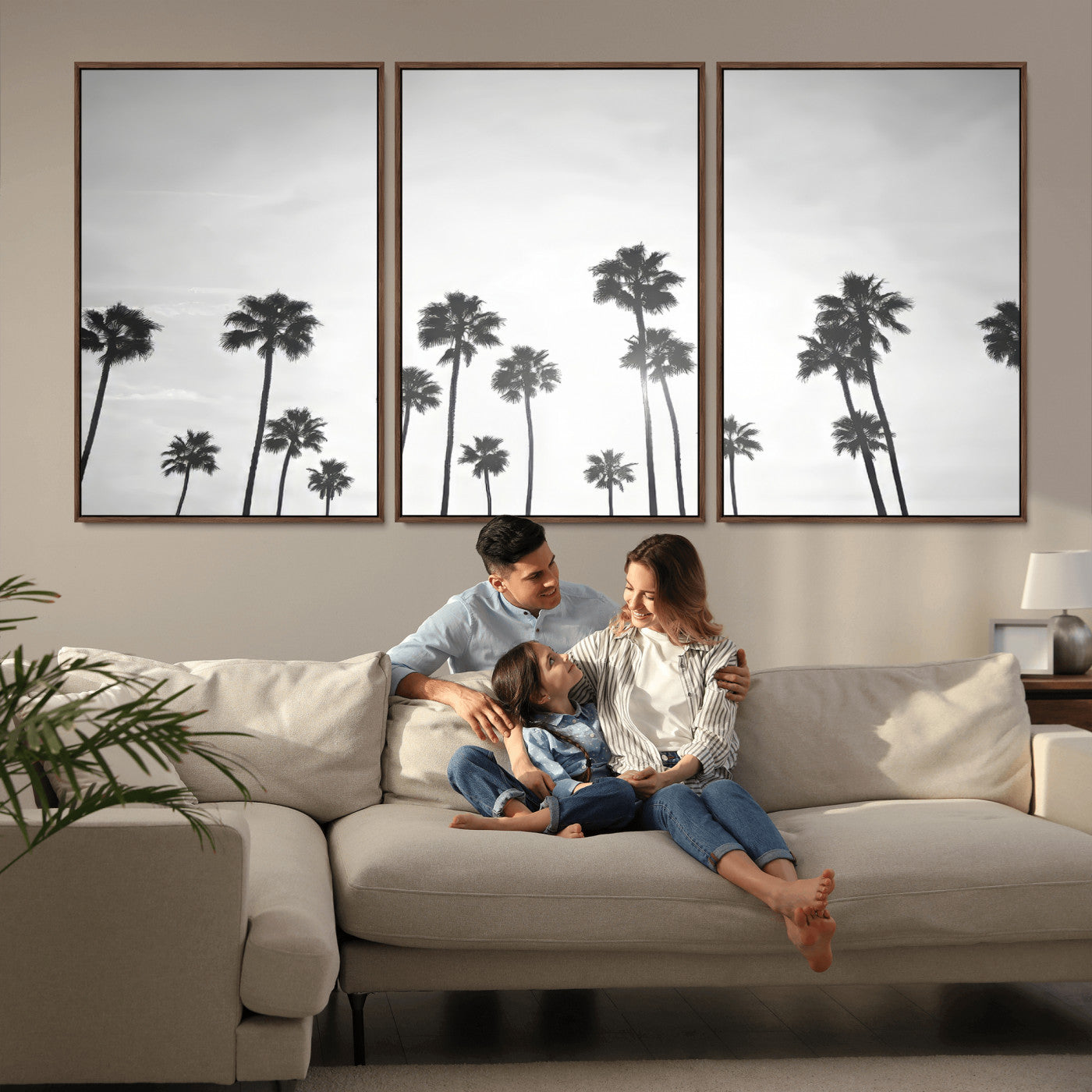 62298277-MGV-FC-60X30-3P_Walnut-Monochrome Palms Wall Art Canvas Print, Framed Minimalist Trees Art Picture Print, Silhouetted Palms Perfect Tropical Minimalist