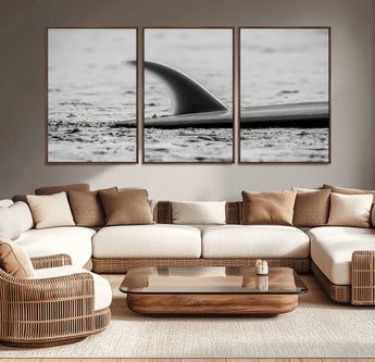 62314230-MGV-CV-36X24-Black White Surfboard Wall Art Canvas Print, Framed Minimalist Beach Art Picture Print, Surf Fin Perfect Minimalist Coastal Decor