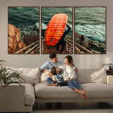 84555848-MGV-FC-60X30-3P_Walnut-Surfer Stairway Wall Art Canvas Print, Framed Ocean Surf Art Picture Print, Sunset Coastal Perfect Coastal Adventure Decor Artwork