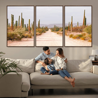 30742780-MGV-FC-60X30-3P_Walnut-Desert Cactus Wall Art Canvas Print, Framed Southwestern Art Picture Print, Bohemian Western Perfect Southwestern Boho Decor