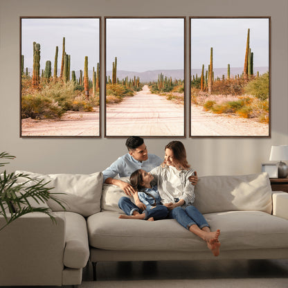 30742780-MGV-FC-60X30-3P_Walnut-Desert Cactus Wall Art Canvas Print, Framed Southwestern Art Picture Print, Bohemian Western Perfect Southwestern Boho Decor