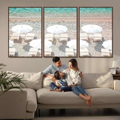 83736167-MGV-FC-60X30-3P_Walnut-Calm Beach Wall Art Canvas Print, Framed Turquoise Water Art Picture Print, Umbrella Shoreline Perfect Coastal Minimalist Decor