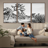 88164251-MGV-FC-60X30-3P_Walnut-Joshua Tree Wall Art Canvas Print, Framed Desert Path Art Picture Print, Monochrome Desert Perfect Minimalist Desert Decor Artwork