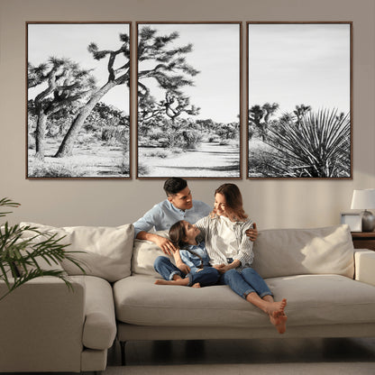 88164251-MGV-FC-60X30-3P_Walnut-Joshua Tree Wall Art Canvas Print, Framed Desert Path Art Picture Print, Monochrome Desert Perfect Minimalist Desert Decor Artwork