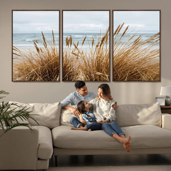 14270839-MGV-FC-60X30-3P_Walnut-Beach Grass Wall Art Canvas Print, Framed Coastal Dunes Art Picture Print, Dune Grass Perfect Coastal Minimalist Decor Artwork
