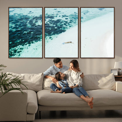 33764764-MGV-FC-60X30-3P_Walnut-Minimal Beach Wall Art Canvas Print, Framed Ocean Swimming Art Picture Print, Clear Ocean Perfect Minimal Coastal Decor Artwork