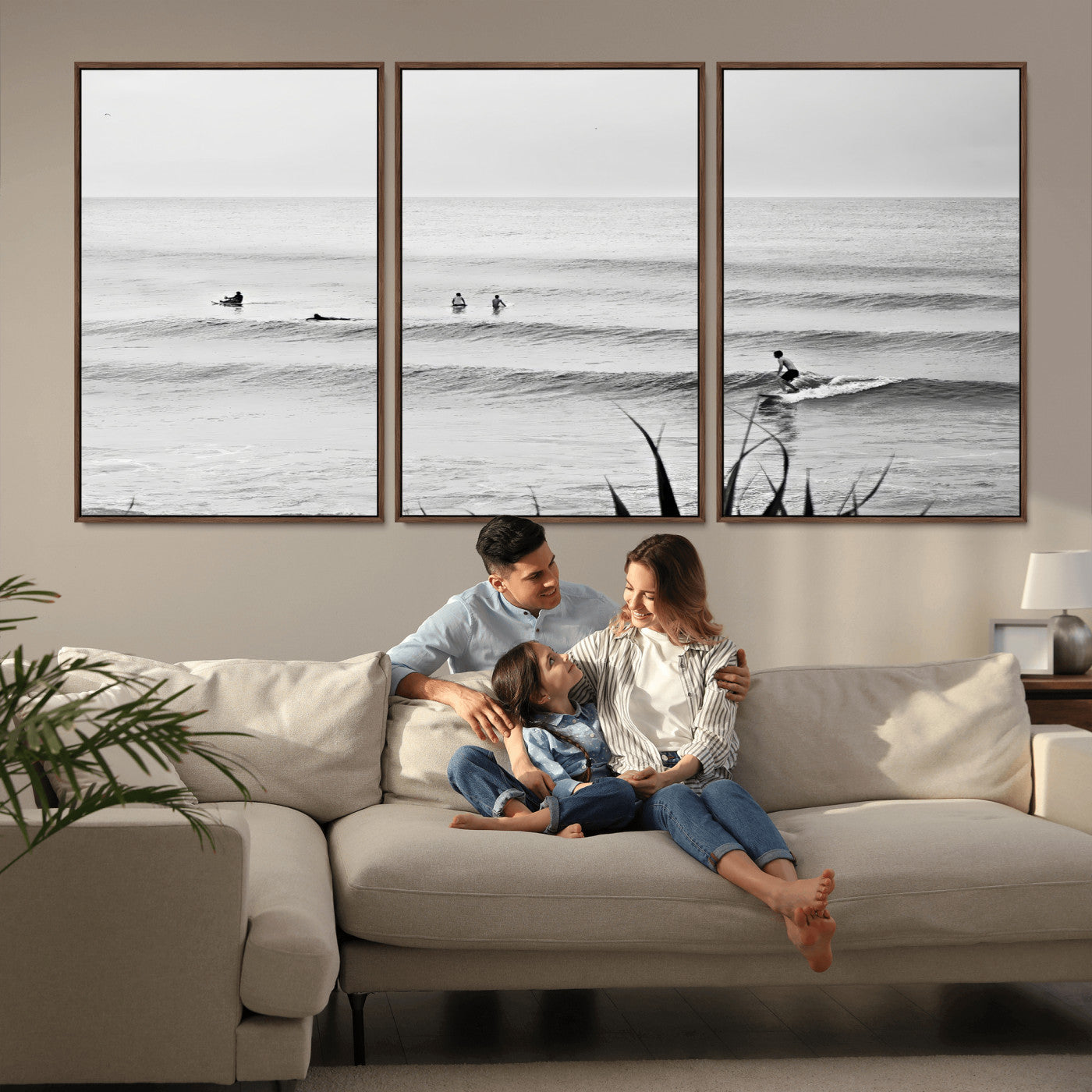 33821421-MGV-FC-60X30-3P_Walnut-Surfer Silhouette Wall Art Canvas Print, Framed Calm Ocean Art Picture Print, Monochrome Surf Perfect Minimalist Coastal Decor
