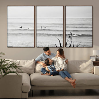 33821421-MGV-FC-60X30-3P_Walnut-Surfer Silhouette Wall Art Canvas Print, Framed Calm Ocean Art Picture Print, Monochrome Surf Perfect Minimalist Coastal Decor