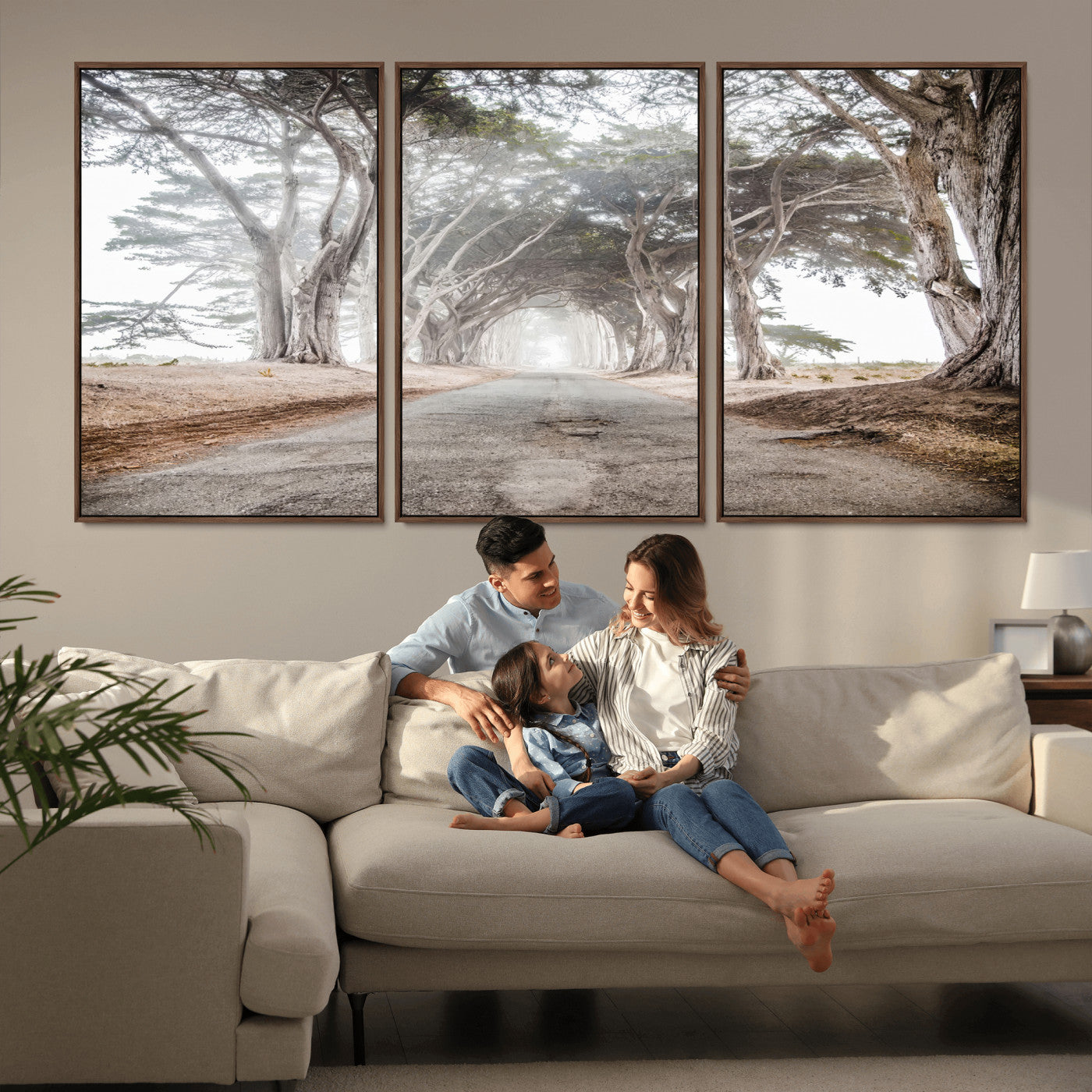 87090469-MGV-FC-60X30-3P_Walnut-Cypress Tunnel Wall Art Canvas Print, Framed Misty Road Art Picture Print, Foggy Trees Perfect Rustic Woodland Decor Artwork