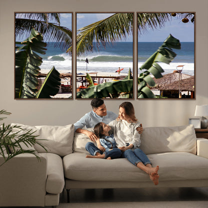 34722557-MGV-FC-60X30-3P_Walnut-Tropical Shoreline Wall Art Canvas Print, Framed Surfer Beach Art Picture Print, Coastal Surf Perfect Tropical Coastal Decor