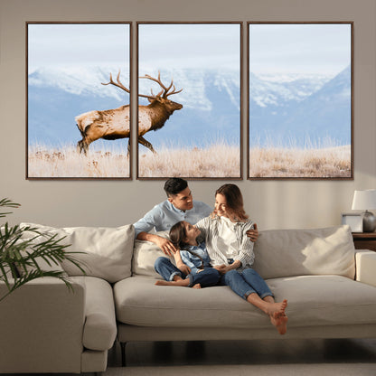 96024025-MGV-FC-60X30-3P_Walnut-Elk Photography Wall Art Canvas Print, Framed Mountain Wildlife Art Picture Print, Rustic Lodge Decor Perfect Rustic Lodge Decor
