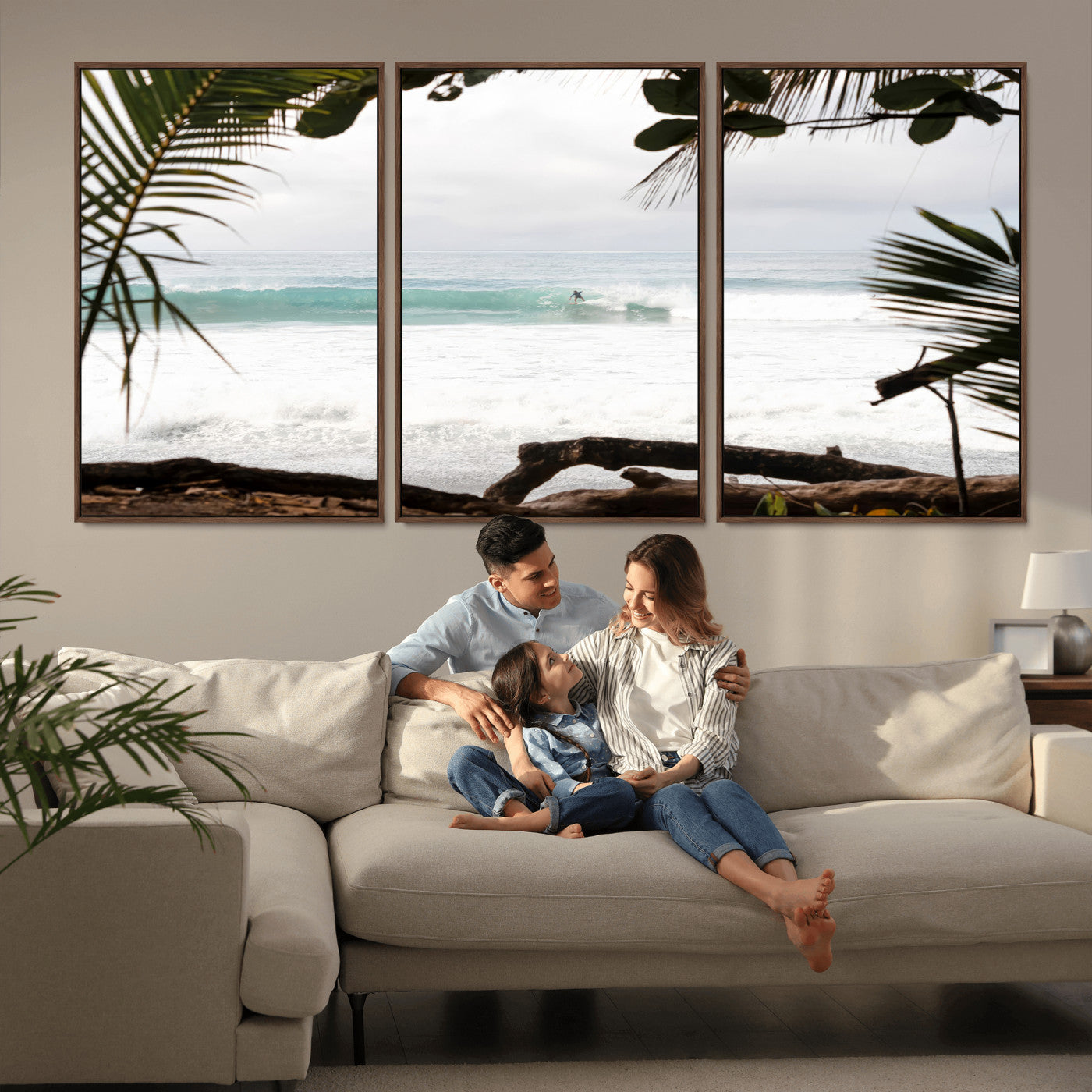 50382104-MGV-FC-60X30-3P_Walnut-Tropical Surf Wall Art Canvas Print, Framed Palm Tree View Art Picture Print, Beach House Art Perfect Boho Coastal Decor Artwork