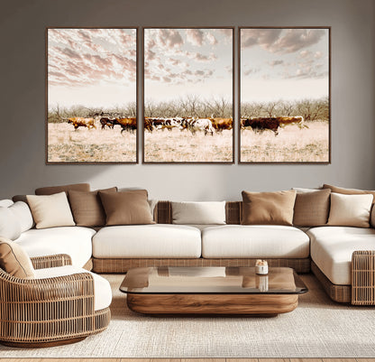 64892775-MGV-CV-36X24-Longhorn Cattle Wall Art Canvas Print, Framed Texas Ranch Art Picture Print, Western Cow Perfect Western Decor Artwork