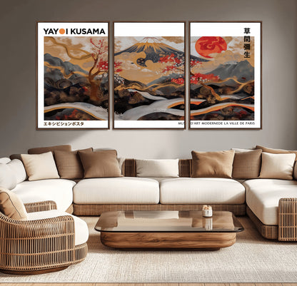 40959107-MGV-CV-36X24-Japanese Fuji Wall Art Print – Red Sun & Cherry Blossom Poster, Gold Wave Ukiyo-e Inspired Modern Japan Landscape Painting,