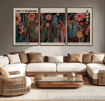 28344895-MGV-CV-36X24-Dark Floral Abstract Wall Art Poster – Modern Botanical Canvas Print with Beige Border, Kusama Inspired Boho Flower Painting,