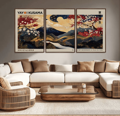 54967195-MGV-CV-36X24-Mount Fuji Wall Art – Japanese Cherry Blossom Abstract Canvas Print, Navy Gold Landscape Painting, Oriental Luxury Home Decor