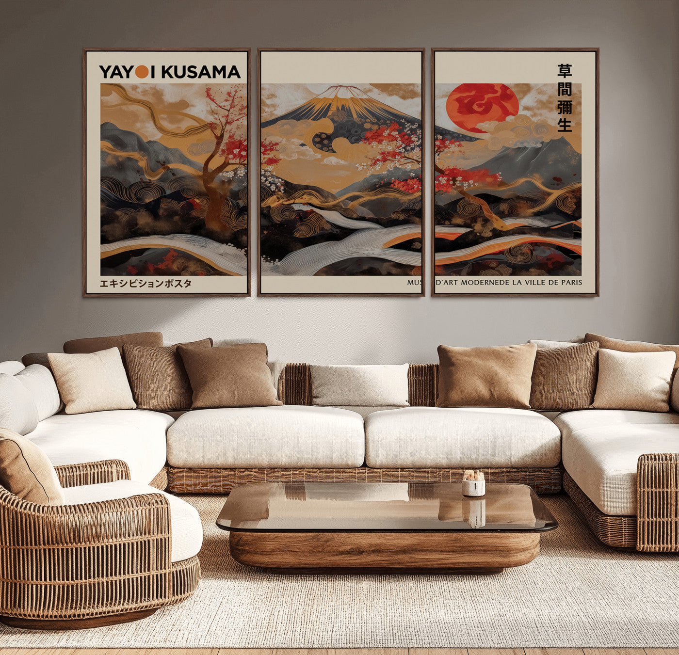 77970791-MGV-CV-36X24-Mount Fuji Golden Abstract Wall Art – Japanese Landscape Canvas Poster, Cherry Blossom & Red Sun Painting, Elegant Zen Oriental