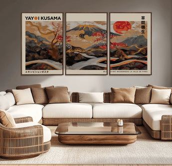 77970791-MGV-CV-36X24-Mount Fuji Golden Abstract Wall Art – Japanese Landscape Canvas Poster, Cherry Blossom & Red Sun Painting, Elegant Zen Oriental