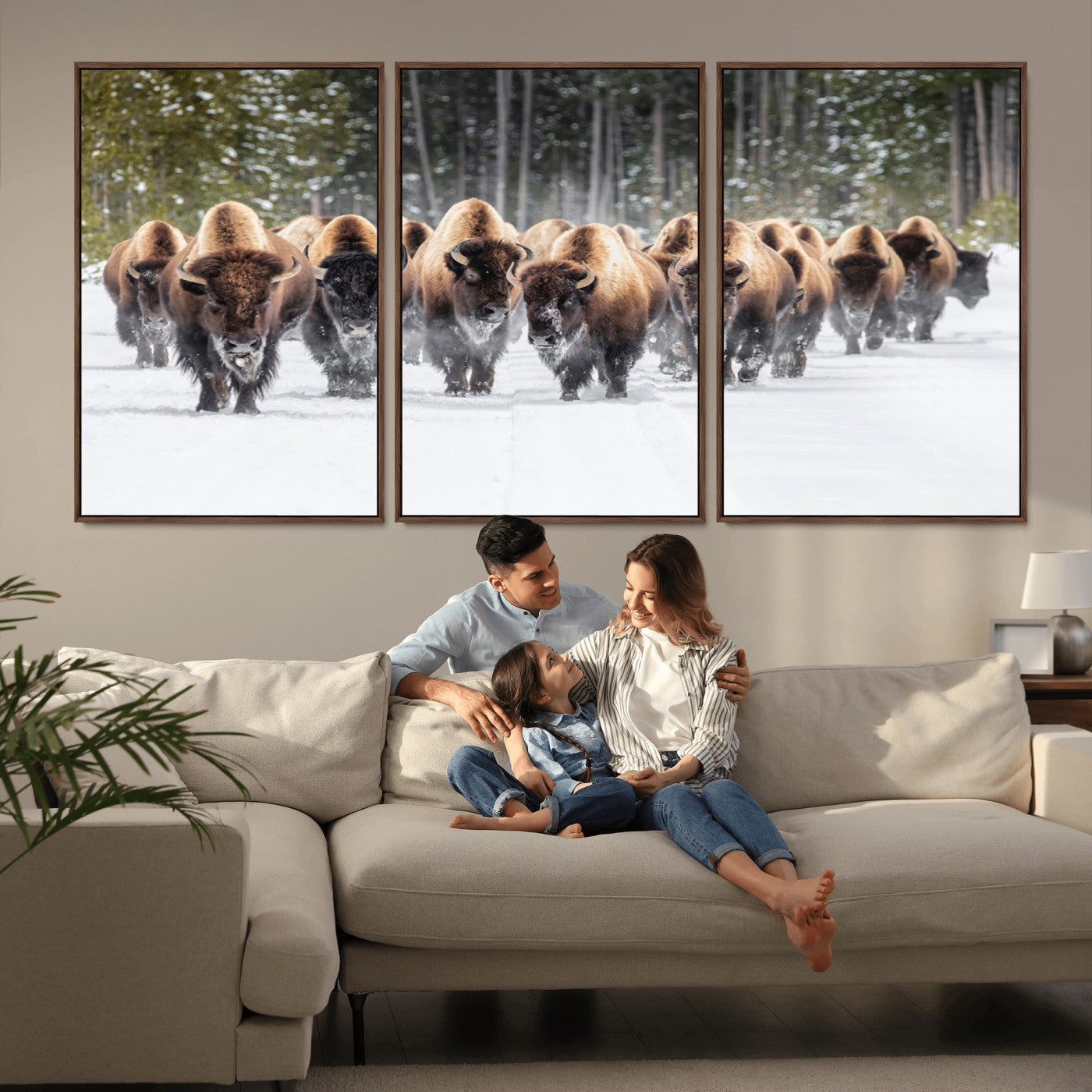 22695857-MGV-FC-60X30-3P_Walnut-Bison Herd Scene Wall Art Canvas Print, Framed Western Wildlife Art Picture Print, Rustic Animal Art Perfect Rustic Lodge Decor