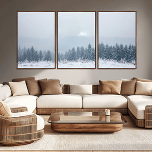 33033082-MGV-CV-36X24-Winter Forest Art Wall Art Canvas Print, Framed Snowy Landscape Art Picture Print, Misty Tree Scene Perfect Nordic Minimalist