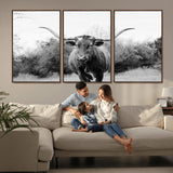 97280319-MGV-FC-60X30-3P_Walnut-Longhorn Photography Wall Art Canvas Print, Framed Western Cow Decor Art Picture Print, Texas Ranch Style Perfect Rustic Farmhouse