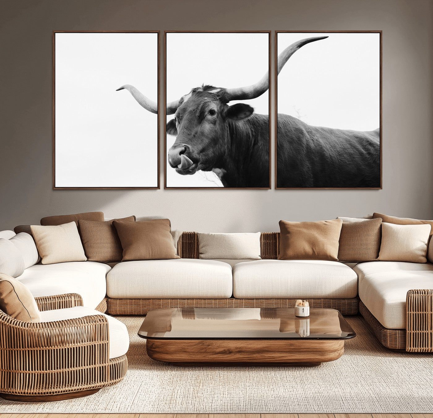 99244177-MGV-CV-36X24-Longhorn Photography Wall Art Canvas Print, Framed Western Cow Decor Art Picture Print, Black White Bull Perfect Modern Rustic