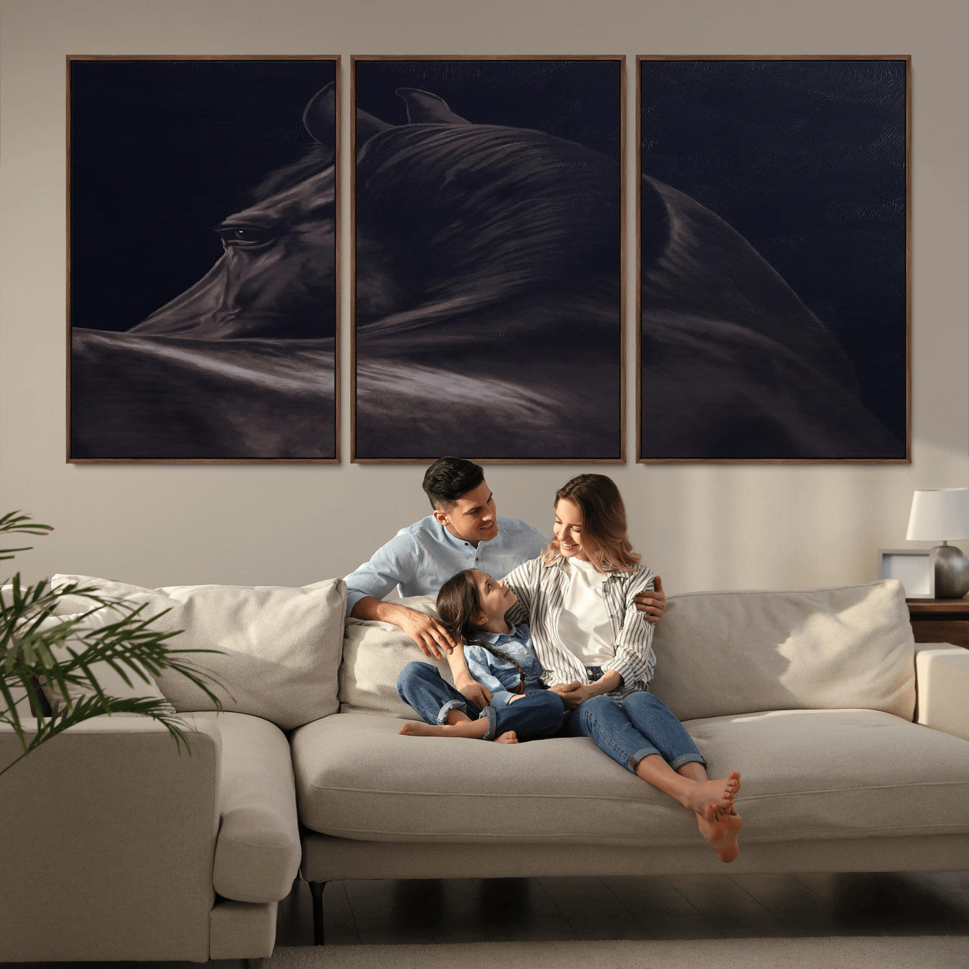 67026880-MGV-FC-60X30-3P_Walnut-Black Horse Portrait Wall Art Canvas Print, Framed Moody Horse Decor Art Picture Print, Equestrian Wall Style Perfect Masculine