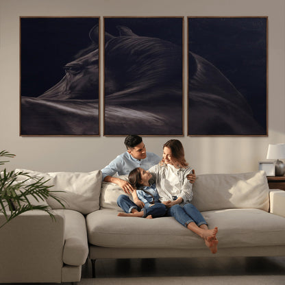 67026880-MGV-FC-60X30-3P_Walnut-Black Horse Portrait Wall Art Canvas Print, Framed Moody Horse Decor Art Picture Print, Equestrian Wall Style Perfect Masculine