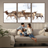 68738684-MGV-FC-60X30-3P_Walnut-Winter Elk Scene Wall Art Canvas Print, Framed Wildlife Photography Art Picture Print, Snowy Deer Decor Perfect Rustic Lodge Decor