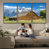 75948467-MGV-FC-60X30-3P_Walnut-Mountain Barn Scene Wall Art Canvas Print, Framed Rustic Farmhouse Style Art Picture Print, Country Cabin Decor Perfect Rustic