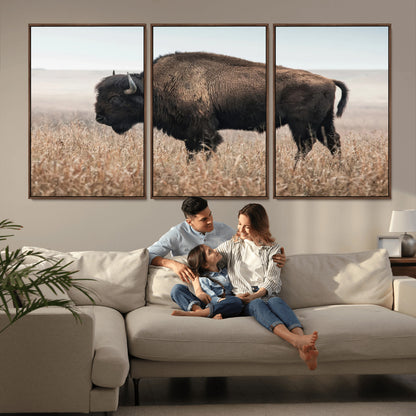 34451925-MGV-FC-60X30-3P_Walnut-Rustic Bison Decor Wall Art Canvas Print, Framed Buffalo Home Accent Art Picture Print, Prairie Wildlife Scene Perfect Western