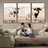 39672786-MGV-FC-60X30-3P_Walnut-Rustic Cow Scene Wall Art Canvas Print, Framed Farmhouse Style Cattle Art Picture Print, Prairie Animal Duo Perfect Rustic Western